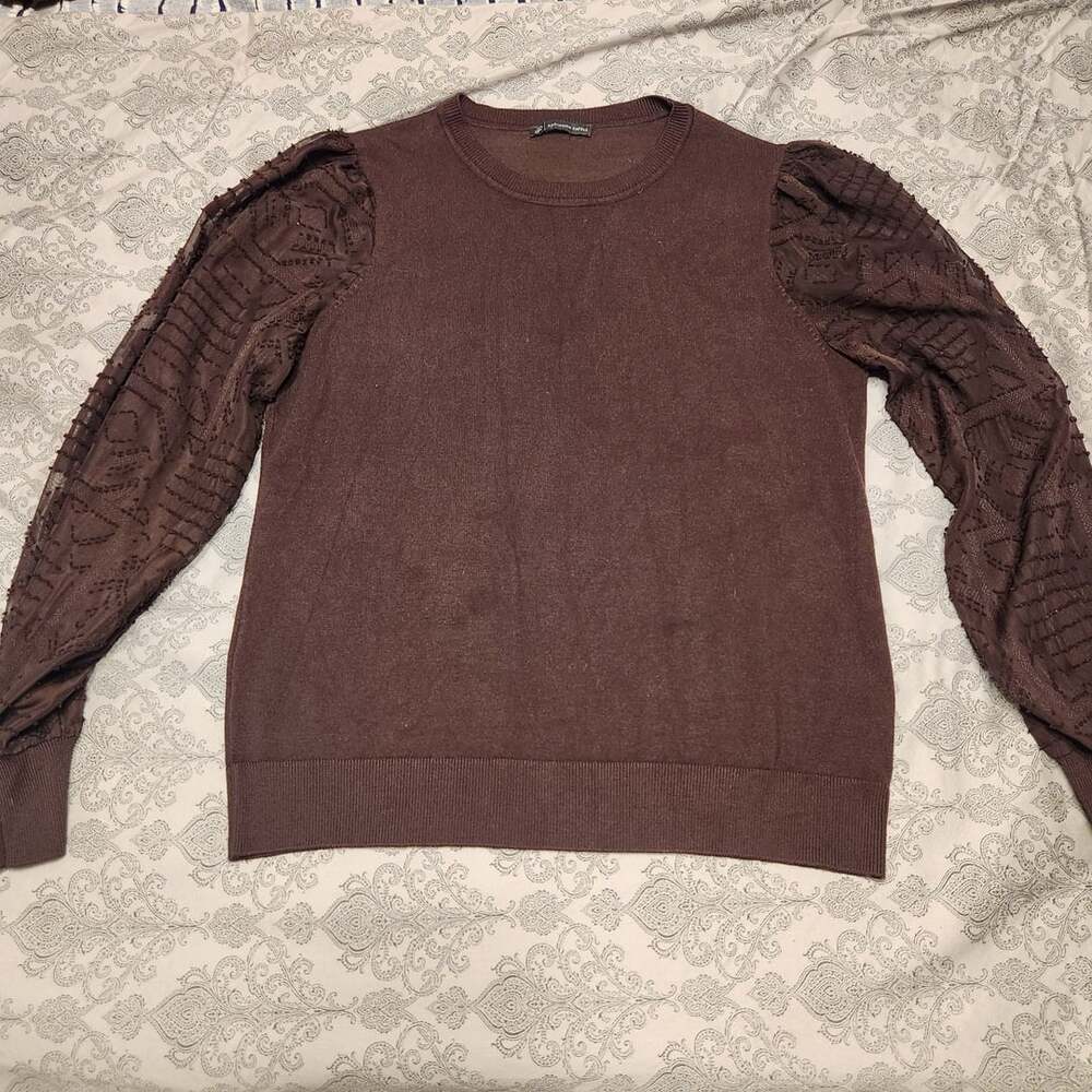 Brown Crew Neck Long Sleeve Sweater with Mixed Media Textured Sleeves